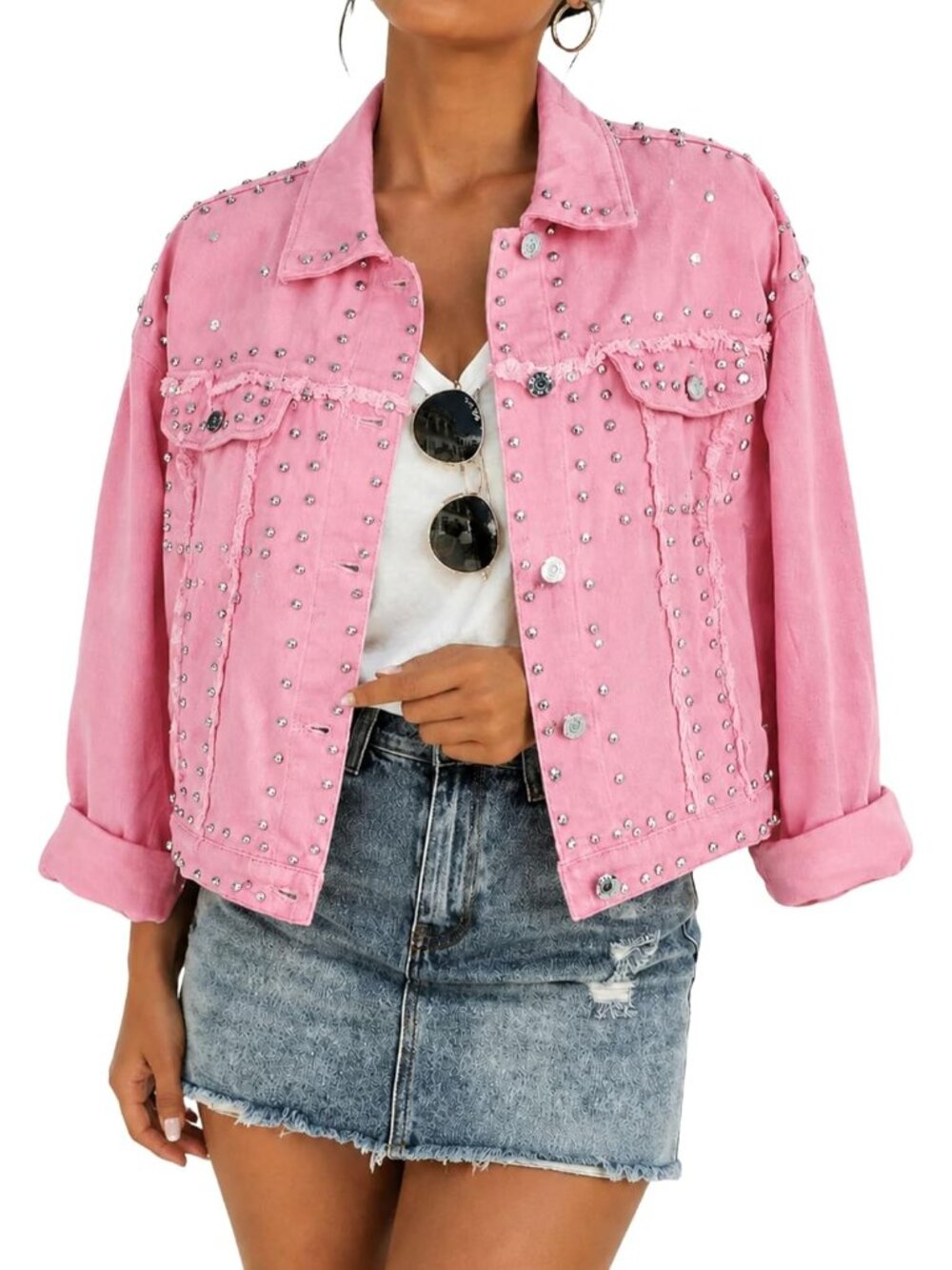 Women's Pink Studded Denim Casual Jacket Frayed Cropped Western Trucker Jean